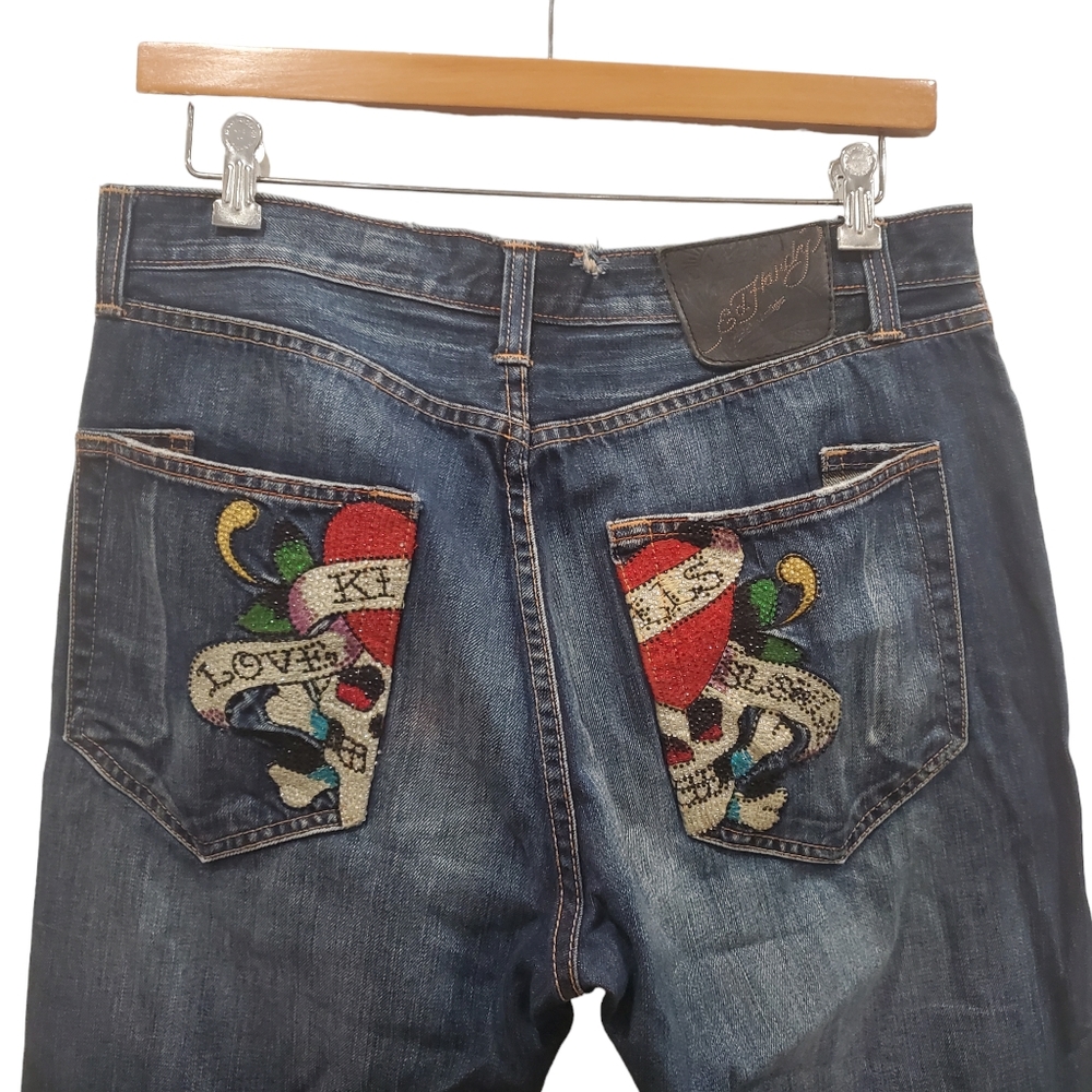 Ed Hardy Love Kills Slowly Embroidered Jeans W36 L34 Rare Distressed Denim Bling